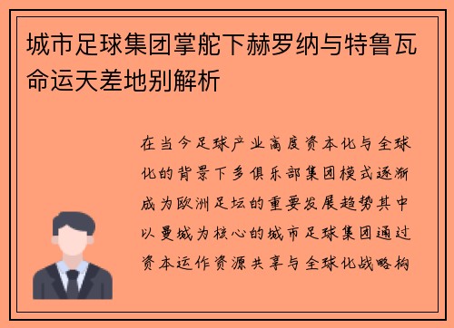 城市足球集团掌舵下赫罗纳与特鲁瓦命运天差地别解析